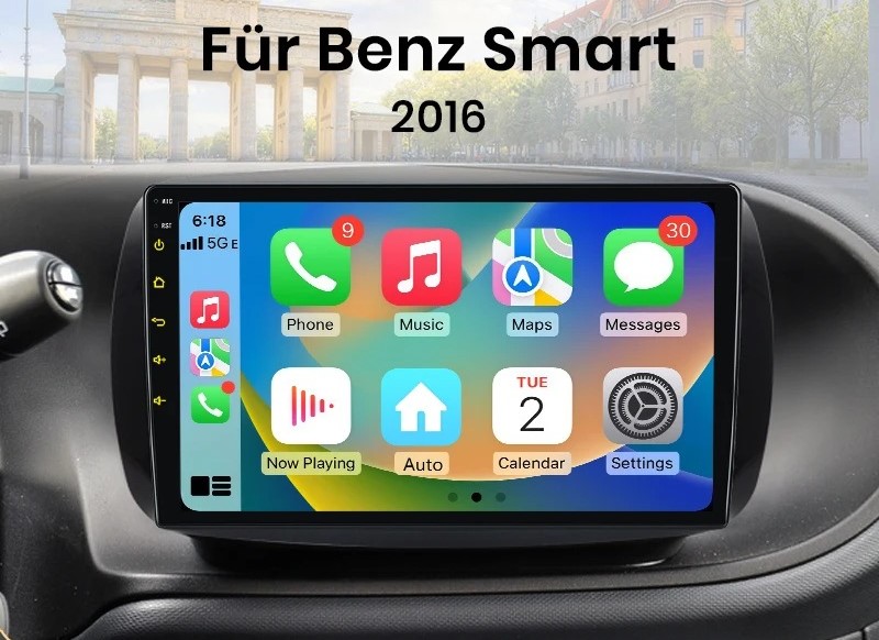 Android-Radio mit CarPlay nachgerüstet im Smart 453 Fortwo, Einbau Berlin